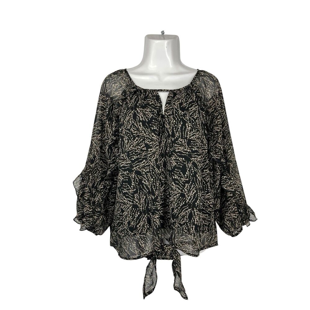 WEST K Blouse Medium Sheer Black Floral Keyhole Tie Ruffle Sleeve Top